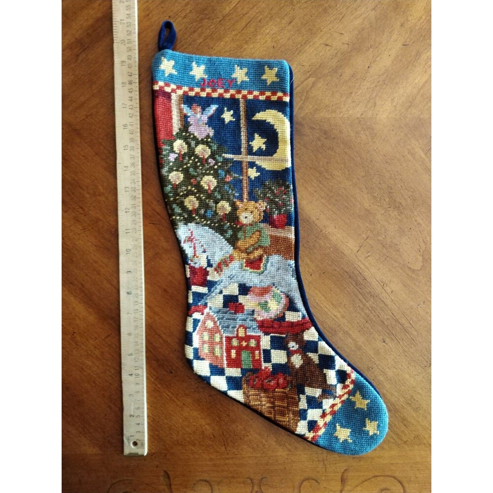 Vtg Personalized JOEY Needlepoint Christmas Stocking Night Toy Tree Bear Rocking